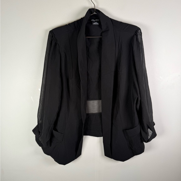 City Chic Black Sheer Open Front Blazer Jacket - Picture 2 of 8
